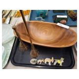 Carved Wood Bowl, Brass Bells, Alabaster Figures