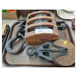 (2) Primitive Wooden & Cast Metal Pulleys
