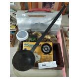Lunch Box, Vtg. Marbles, Ladle, Brass Horse, etc.