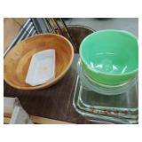 Jadite Mixing Bowl, Pyrex Cookware, Turned Wood