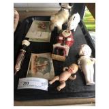 Collectibles- Pig Iron Bank, Bisque Doll,