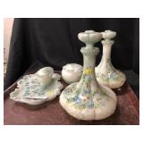 5 Pc. Milk Glass Opaque Floral Dresser Set