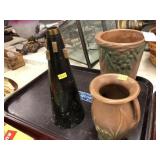 (2) Unmarked Roseville Pottery Vases & Tin Cone