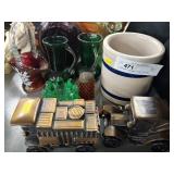 Glassware- Baskets, Crocks, Tin Coin Banks, etc.