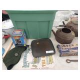 Tote, Tin Teapots, Copper Strainer, etc.