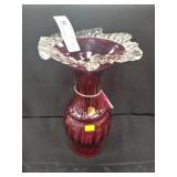 Cranberry Vase With Clear Ruffled Top