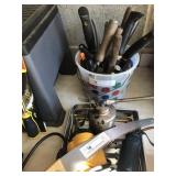 2 Boxes Garden Tools, Oil Cans, Work Light