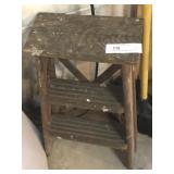 Small Metal Shelf, Stepladder, and Brooms