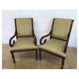 (2) Carved Wood, Green Upholstered Arm Chairs