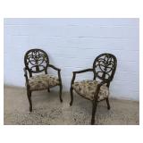 (2) Upholstered & Wood Carved Arm Chairs
