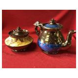 Copper Lustre Teapot and Covered Sugar Bowl