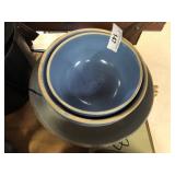 Three Blue Glazed Stoneware Bowls