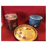 Vintage Painted Tea Tin and Two Contemp. Tins