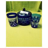 Decorative Cut Glass Canister and 2 Tumblers