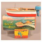 Japanese Wood Speed Boat with Outboard Motor.
