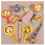 Lot of 11 Vintage Tin Lithograph Noisemakers.