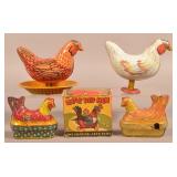 Four Tin Lithograph Egg Laying Chickens.