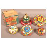 Five Vintage Ohio Art Tin Lithograph Tops.