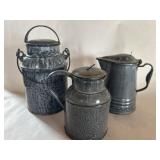 (3) Gray Agate Items - Cream Pails & Syrup Jug