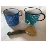 Teal Agate Cup,  Blue Enameled Cup & Daisy Scraper