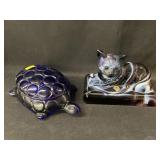 Slag Glass Figurine with Cobalt Canister Slag Glass Figurine with Cobalt Canister
