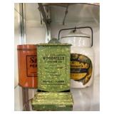 Stoneware Canister, Match Safe, Advertising Tin Stoneware Canister, Match Safe, Advertising Tin