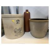 (2) Straight Sided Storage Crocks with Bottle