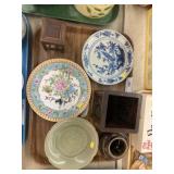Oriental Porcelain Plates with Carved Wood Vase