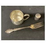 Sterling Silver Mug, Shaker and Fork