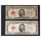 (2) 1928 $5 Red Seal Bills
