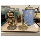 Agateware Coffee Pot, Adv. Tins, Candlesticks
