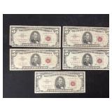 (5) 1963 $5 Red Seal Bills