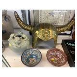 Oriental Metal Helmet with Vase & Decorative Bowls