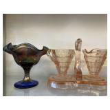 Depression Sugar & Creamer, Carnival Glass Compote