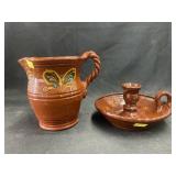 Ned Foltz Redware Pitcher with Candlestick