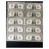 (9) 1960's Era $1 Bills with $5 Bill