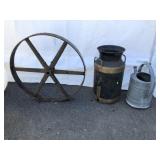 Vintage Metal Wheel, Galvanized Can, Milk Can