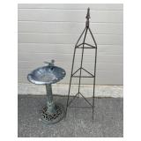Metal Bird Bath and Small Floral Trellis