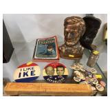 Lincoln Form Bookends, Political Buttons, Icepick