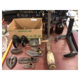 Antique Cast Iron Sad Irons, Shoe Lathes