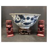 Oriental Porcelain Bowl with Composition Foo Dogs