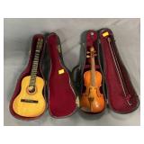 Miniature Guitar and Violin with Bow
