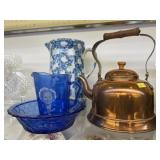 Teapot, Stoneware Pitcher, Shirley Temple Glass