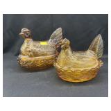 (2) Amber Glass Hen On Nests