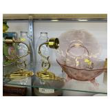 Brass Candle Sconces, Pink Depression Glassware