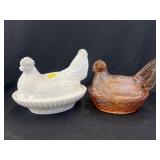 (2) Glass Hen On Nests