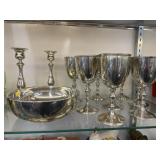Polished Pewter Goblets, Candlesticks & Bowl
