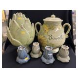 Decorative Pottery Canister, Candlesticks, etc.