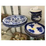 Flow Blue Cups and Saucers with Plates