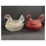 (2) Glass Hen On Nests